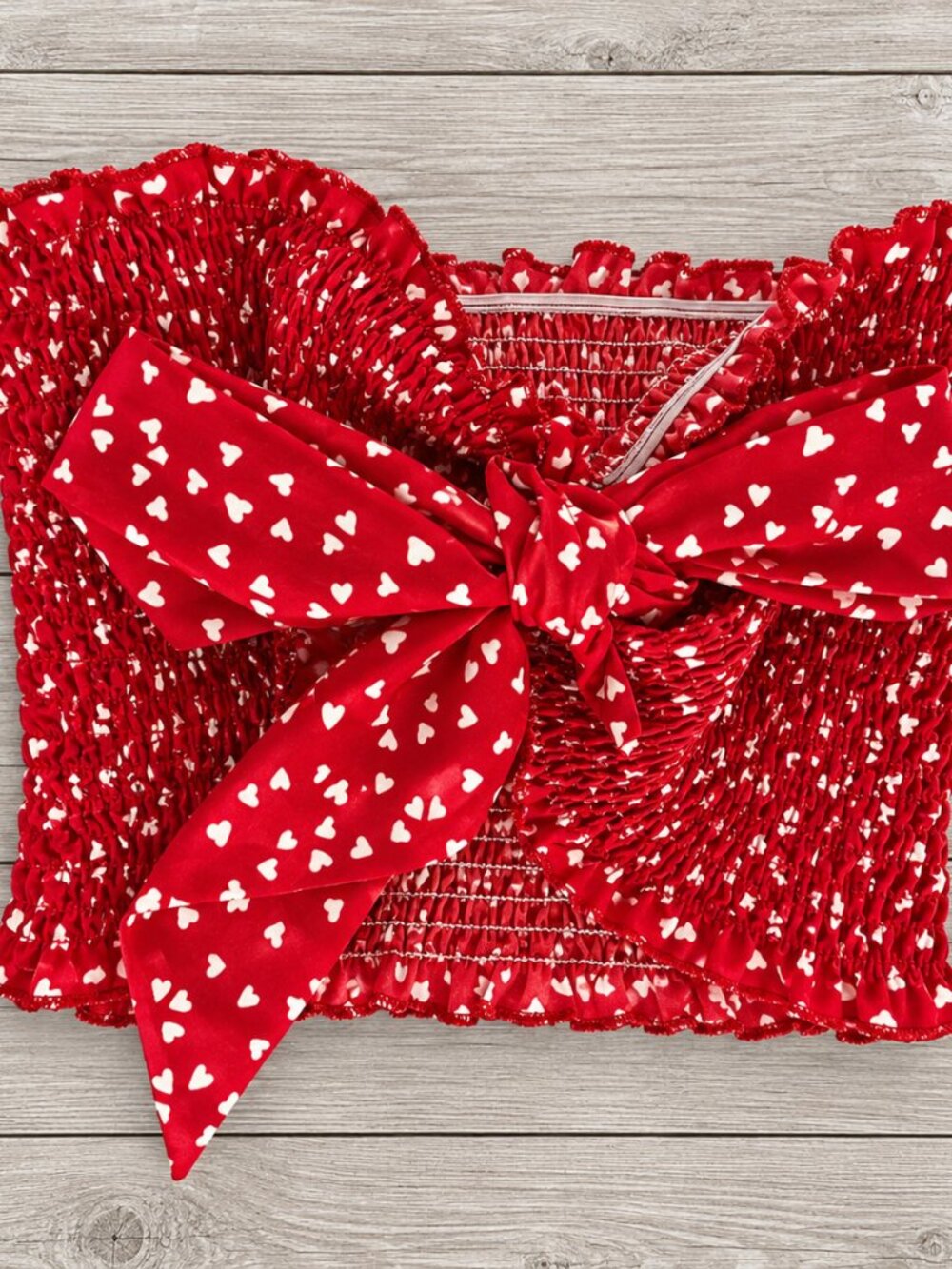 SHEIN Red & White Heart Print Smocked Tube Top with Matching Tie Scarf L